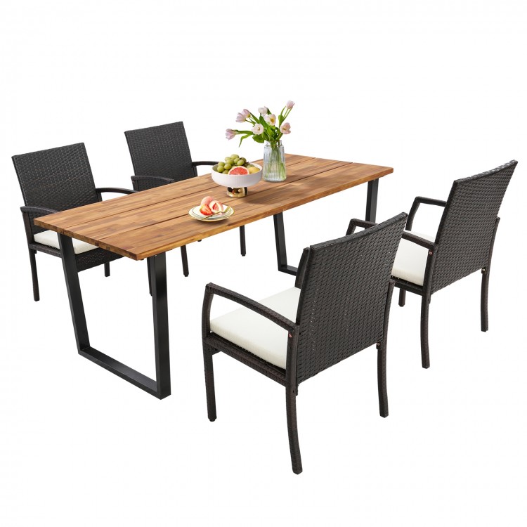 5-piece patio rattan dining set with acacia wood tabletop, ergonomic cushions, and umbrella hole, perfect for outdoor.