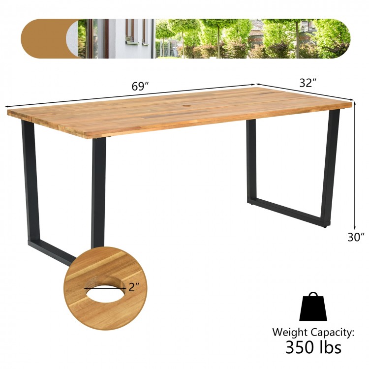 Acacia wood tabletop dining table with 2" umbrella hole, sturdy metal frame, ideal for patio or backyard use.