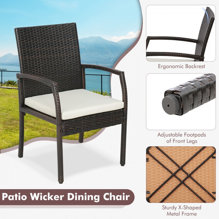 Patio wicker dining chair with ergonomic backrest and cushion, featuring a sturdy X-shaped metal frame for outdoor use.