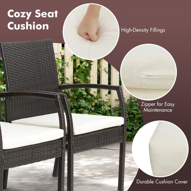 Cozy seat cushion with high-density fillings and zipper for easy maintenance, designed for the 5-piece patio rattan.