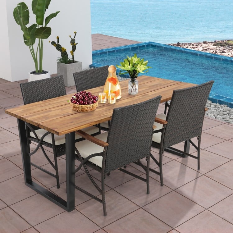 5 Pieces Patio Rattan Dining Set with Acacia Wood Tabletop and Armrests - Gallery View 1 of 10