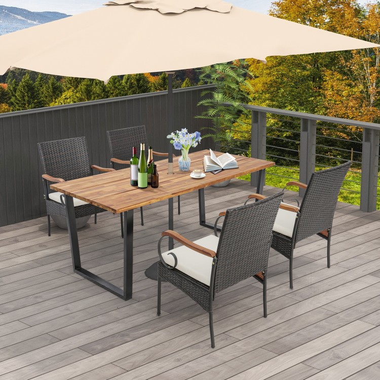 5-piece patio rattan dining set with acacia wood tabletop and umbrella hole, perfect for poolside and backyard.