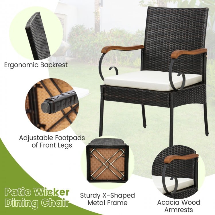 Patio wicker dining chair with acacia wood armrests, ergonomic backrest, and adjustable footpads for backyard comfort.