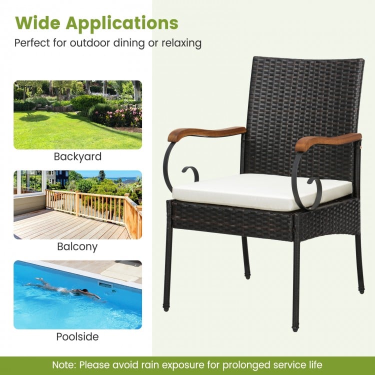 Single patio dining chair with PE rattan and acacia wood armrests, perfect for poolside or backyard relaxation.