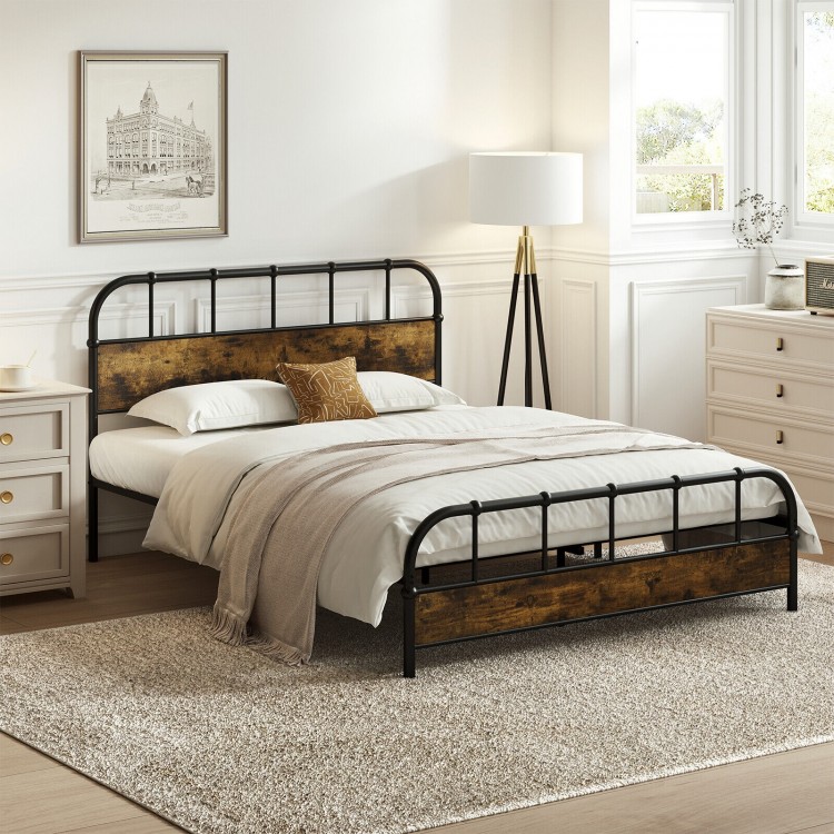 Queen size industrial metal platform bed frame with a wooden headboard, featuring ample under bed storage and durable.