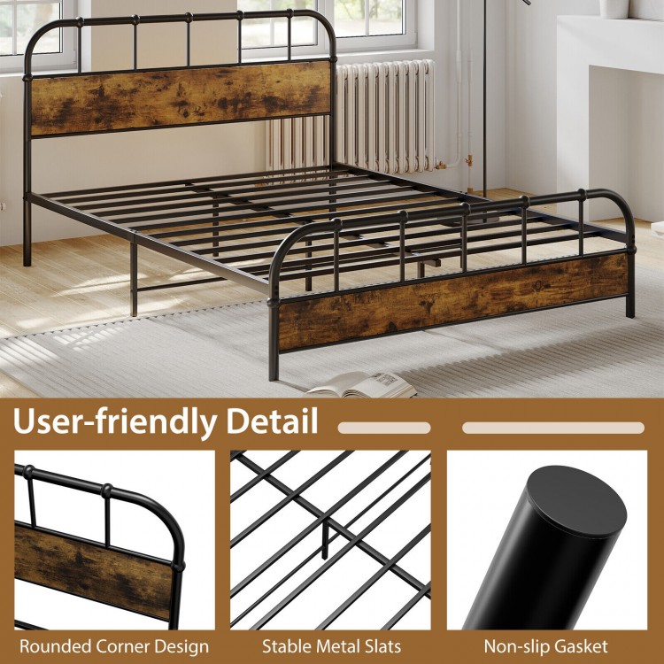 Queen size industrial metal platform bed frame with rounded corners and stable slats, ideal for stylish bedroom storage.