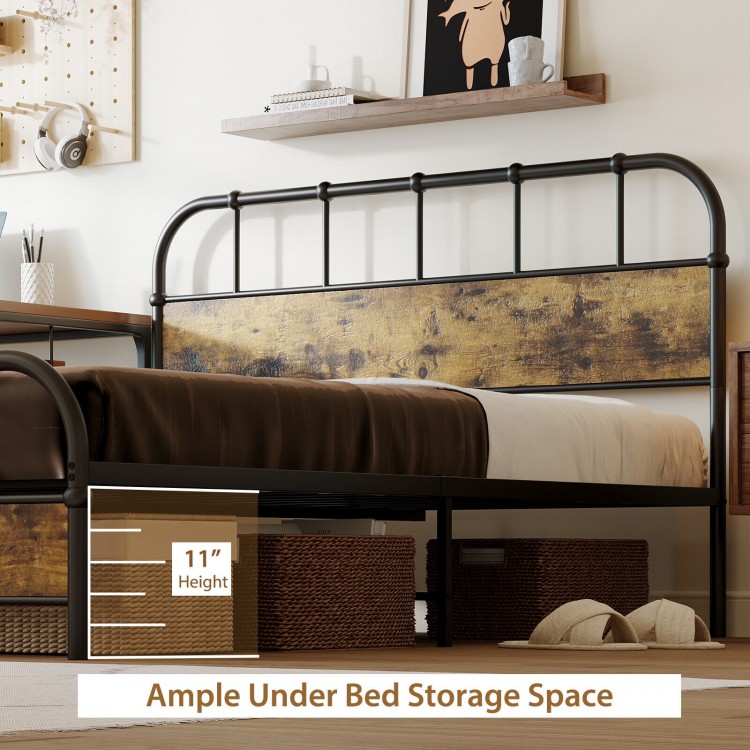 Queen size industrial metal platform bed frame with ample under bed storage space and durable headboard design.