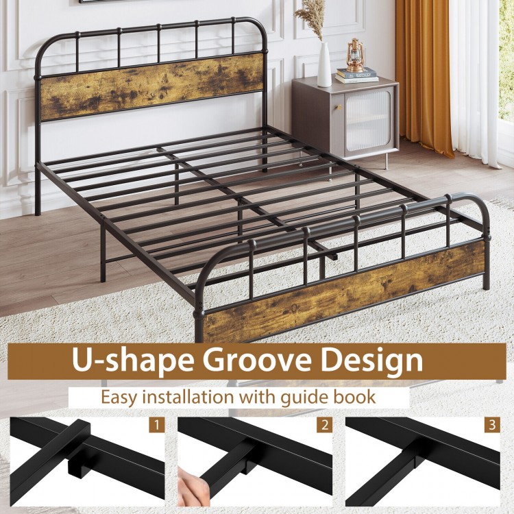Queen size industrial metal platform bed frame with U-shape groove design and durable headboard for easy installation.