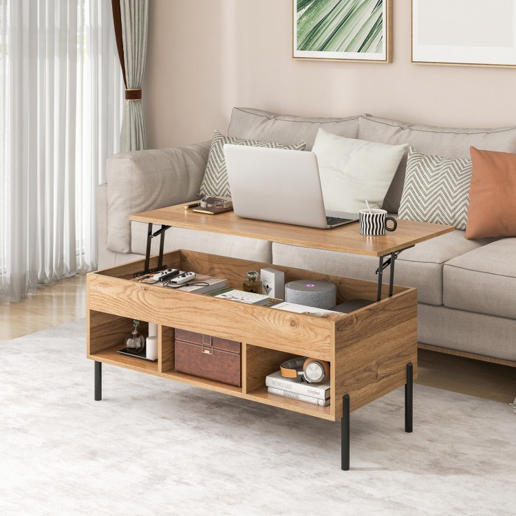 Living room central table with lifting tabletop, natural wood finish, metal legs, and storage cubbies for versatile use.