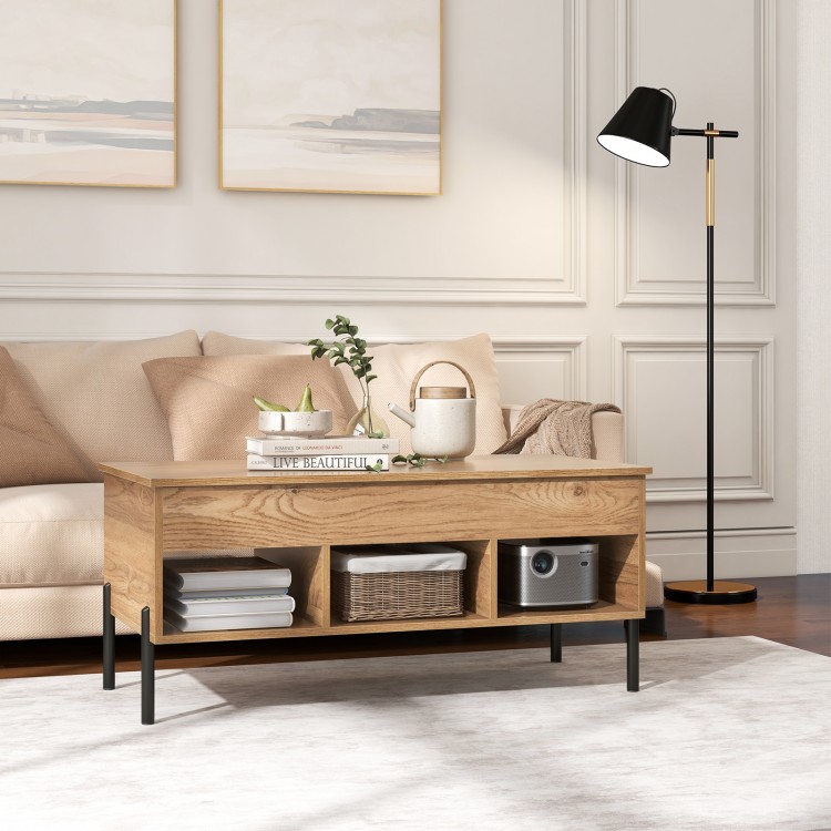 Living room central table with lifting tabletop, natural wood finish, and metal legs, perfect for storage and workspace.