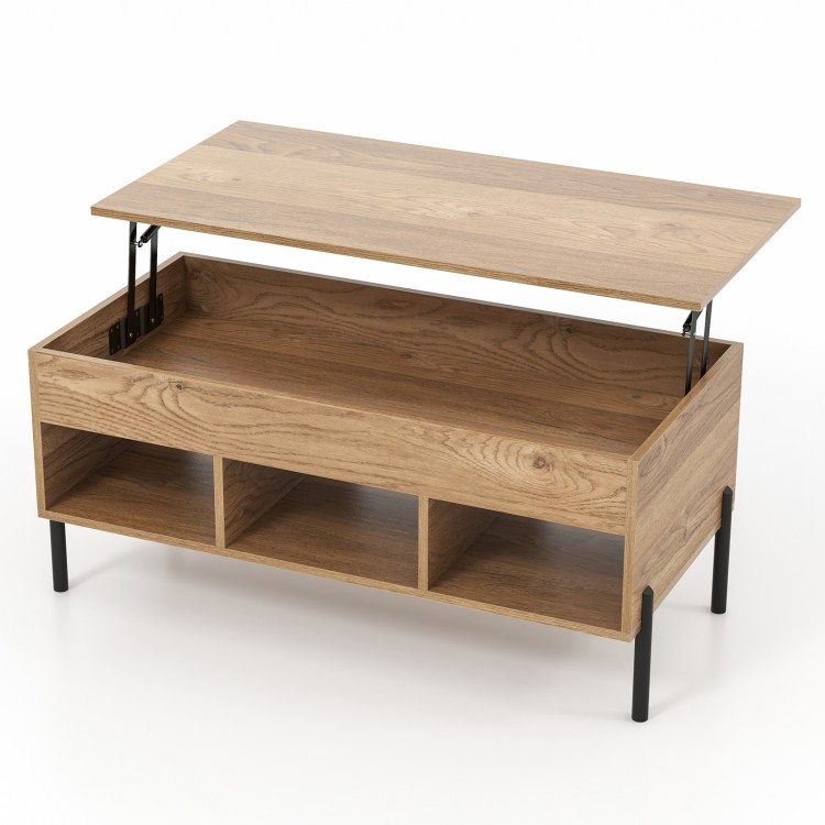Lifting tabletop central table in natural wood finish with metal legs, featuring open cubbies for storage and display.
