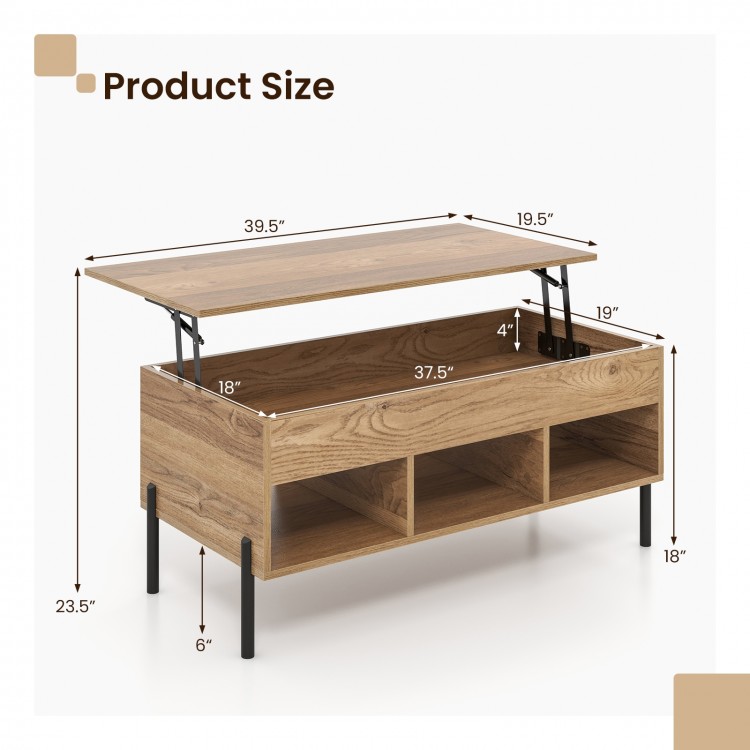Lifting tabletop central table with metal legs, featuring concealed storage and three open cubbies for living room use.