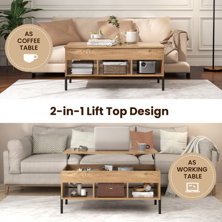Living room central table with lifting tabletop, metal legs, and open cubbies for versatile use as a coffee or working.