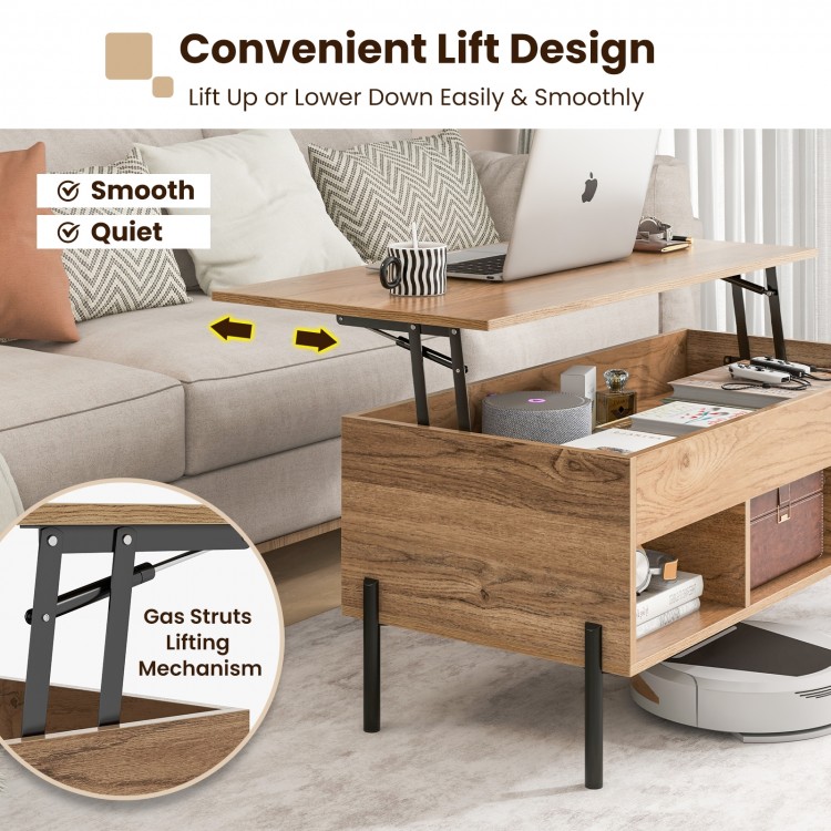 Lifting tabletop central table in natural finish with metal legs, ideal for workspace or afternoon tea in the living.