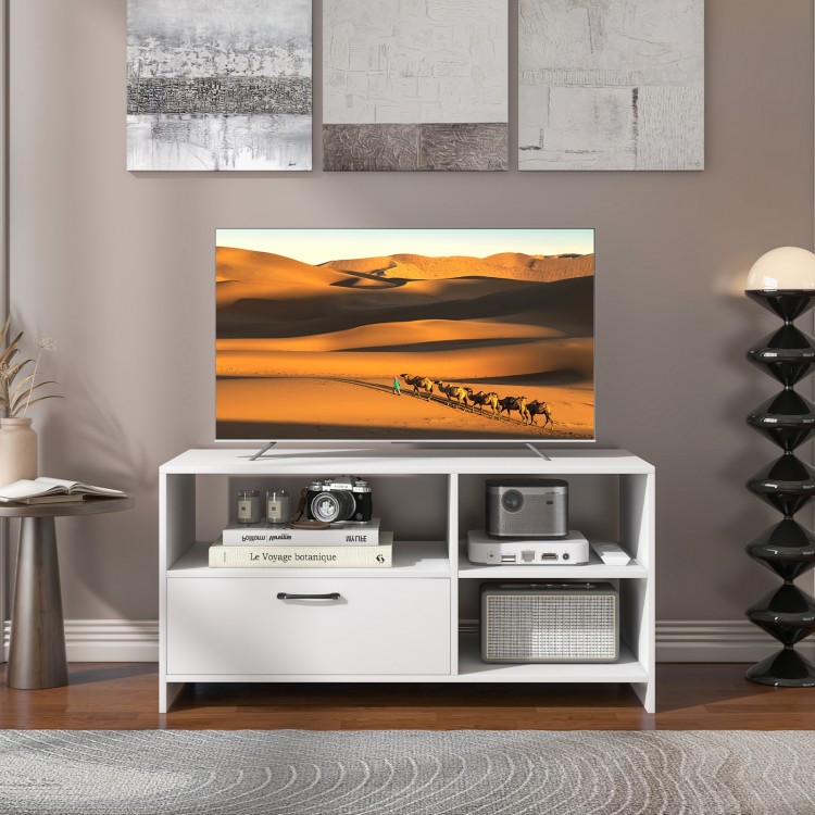 Modern media console table in white with 3 open compartments and 1 storage drawer, ideal for living room use.