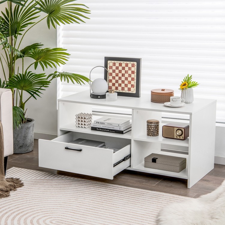 Modern media console table in white featuring a large storage drawer and open compartments, perfect for stylish.