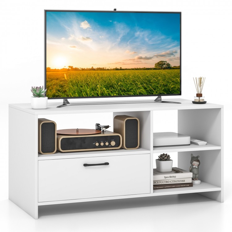 Modern media console table in white featuring a stylish design, perfect for displaying a TV and decor in any room.