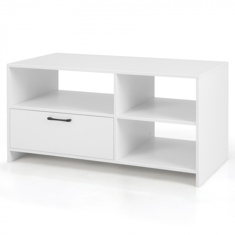 Modern media console table in white featuring 3 open compartments and 1 storage drawer, ideal for living room use.