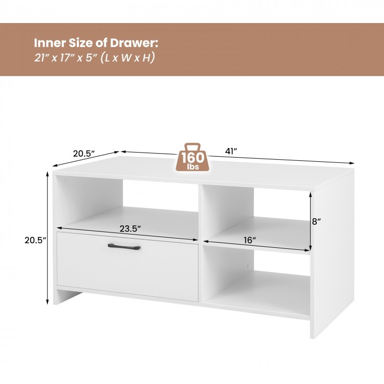 Modern media console table in white showcasing dimensions and inner drawer size, ideal for versatile storage solutions.