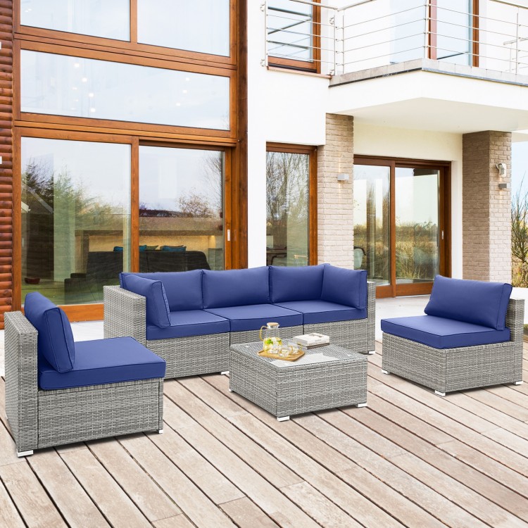 L-shaped 6 piece patio conversation sofa set in navy with tempered glass coffee table, ideal for outdoor relaxation.