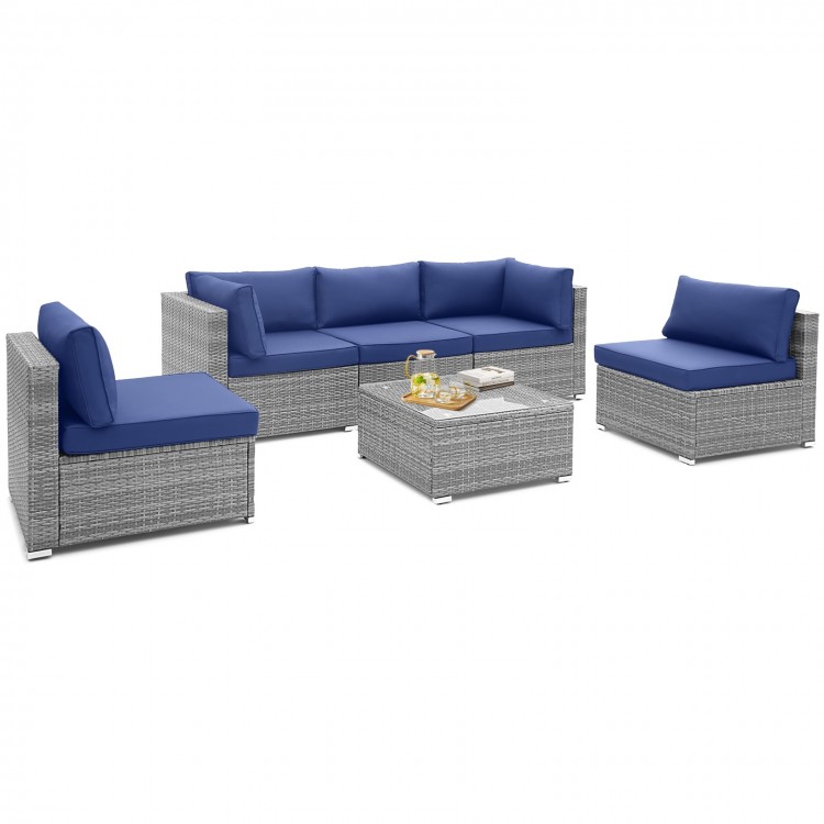 6-piece patio conversation sofa set in navy with soft cushions and tempered glass coffee table for outdoor relaxation.