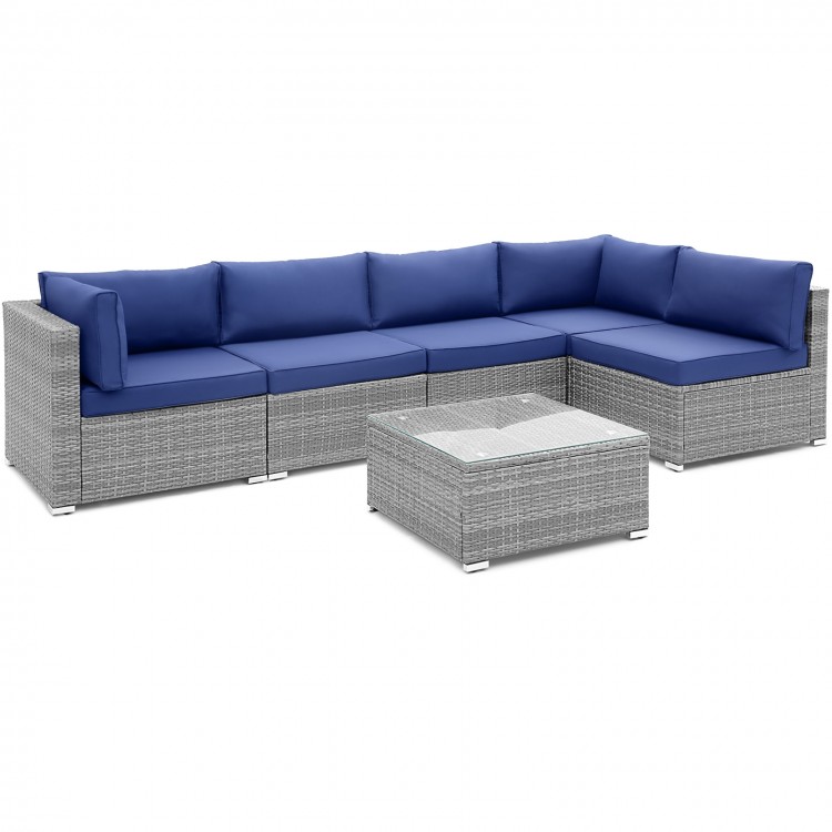 Close-up of the durable PE rattan weave on the 6-piece patio sofa set with navy cushions for stylish outdoor comfort.