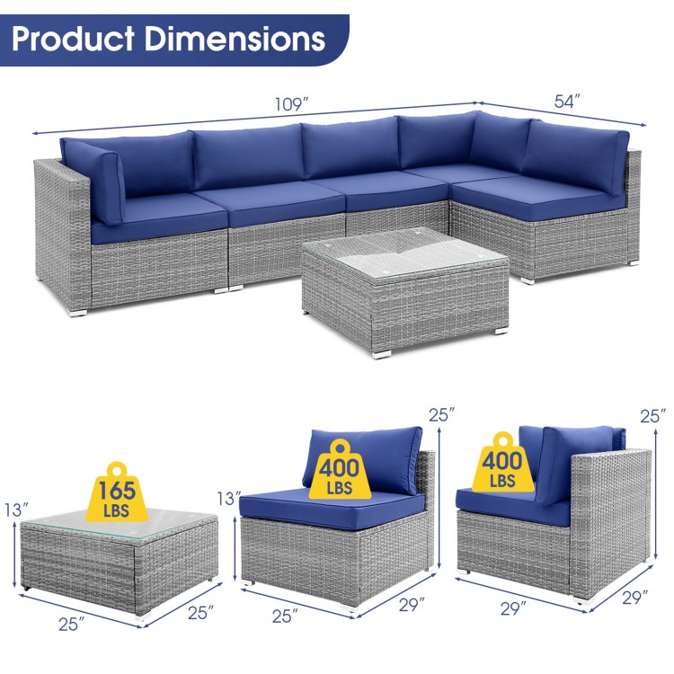L-shaped 6 piece patio conversation sofa set with navy cushions and tempered glass coffee table, ideal for outdoor.