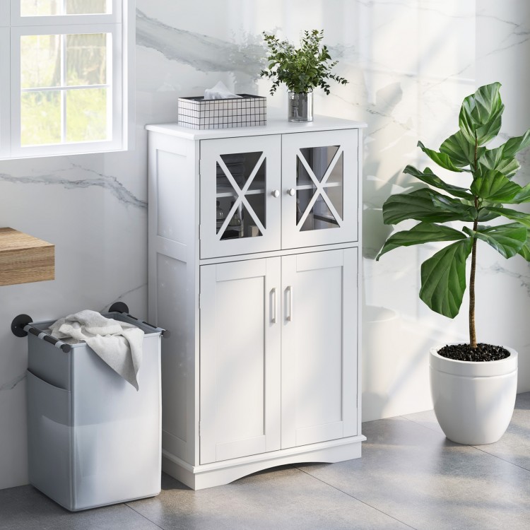 Freestanding white bathroom floor cabinet with adjustable shelves and glass doors, perfect for organized storage.