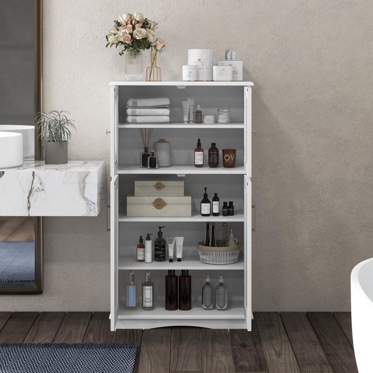 Freestanding white bathroom cabinet with adjustable shelves and glass doors, offering ample storage space for various.