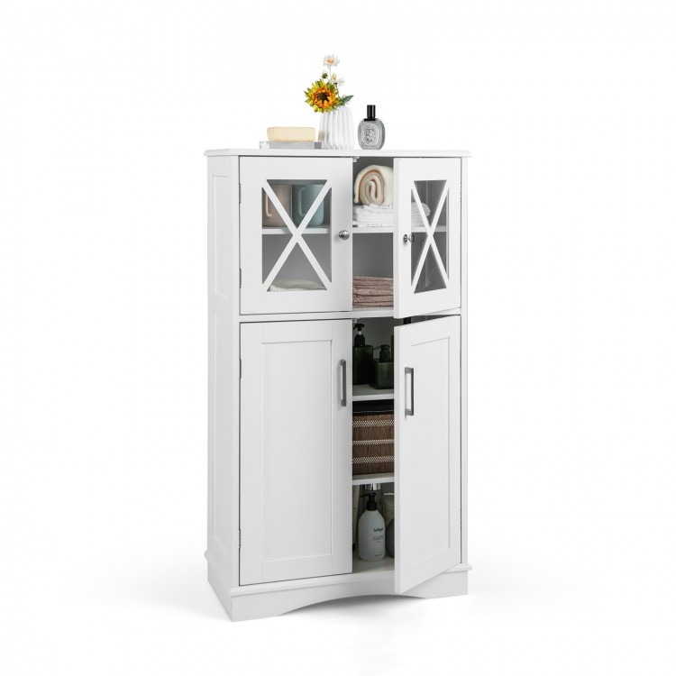 White freestanding bathroom cabinet with adjustable shelves and glass doors, offering ample storage space.