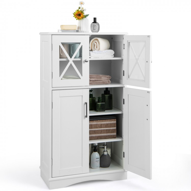 Freestanding white bathroom cabinet with adjustable shelves and glass doors, ideal for organized storage.