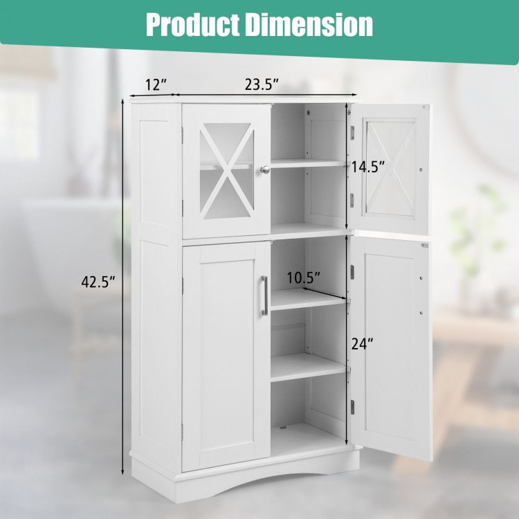 4-door white bathroom floor cabinet with adjustable shelves, featuring transparent glass doors and ample storage space.