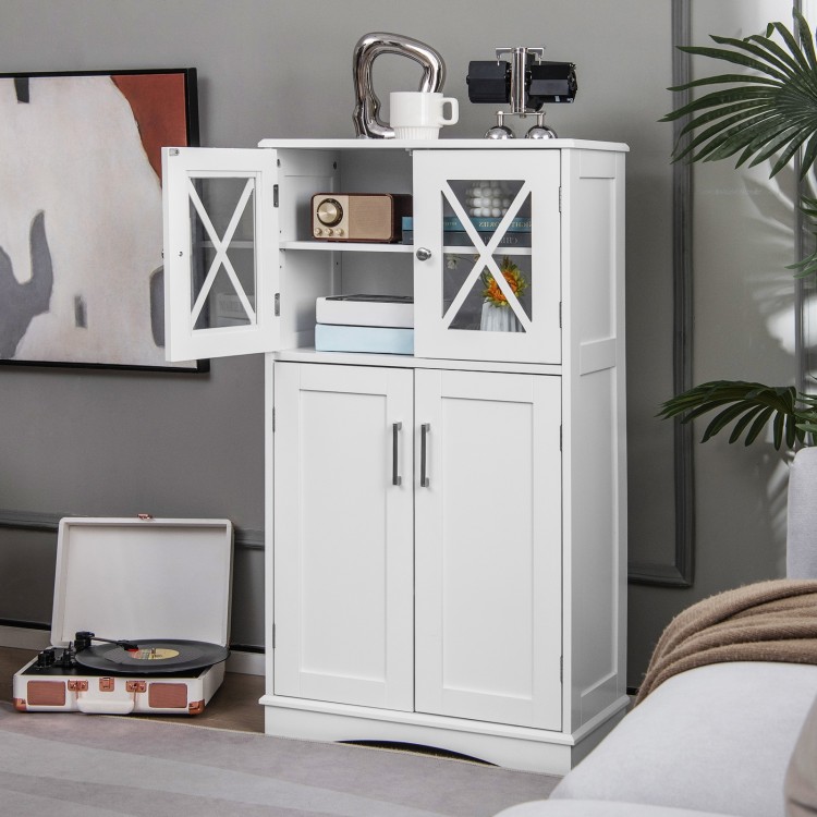 White freestanding bathroom cabinet with adjustable shelves and glass doors, providing ample storage space for various.