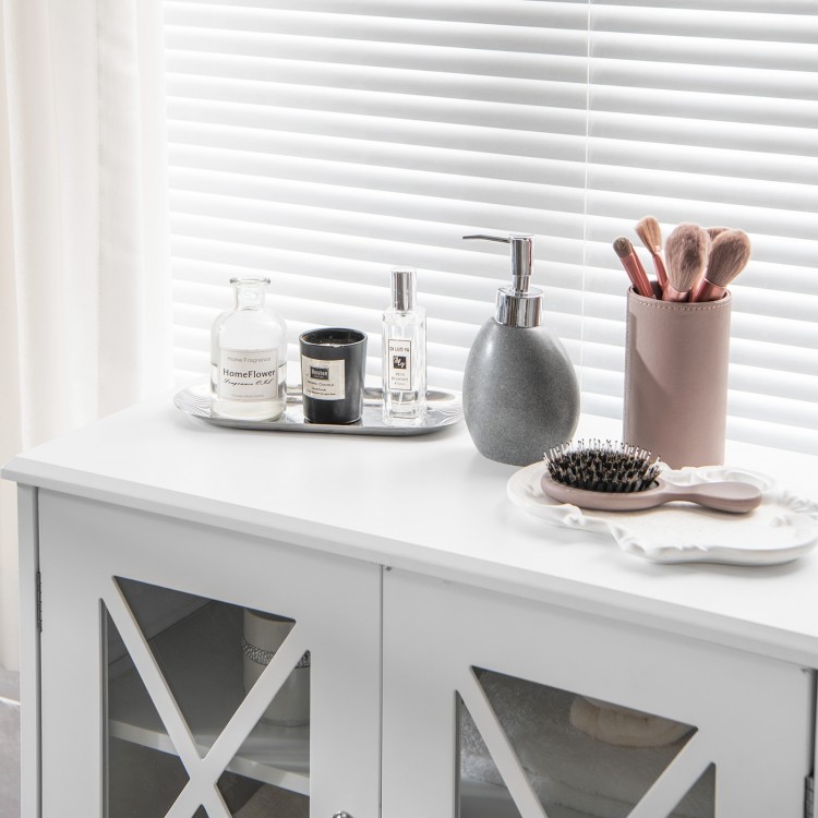 White freestanding bathroom cabinet with transparent glass doors and adjustable shelves for ample storage space.
