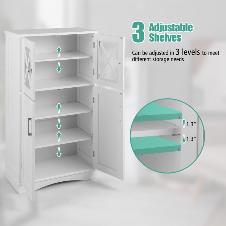 Freestanding white bathroom cabinet with 4 doors and 3 adjustable shelves for versatile storage solutions.