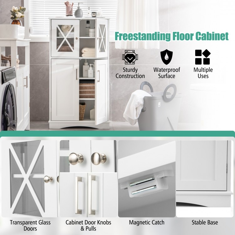 Freestanding white bathroom floor cabinet with transparent glass doors, adjustable shelves, and sturdy MDF construction.