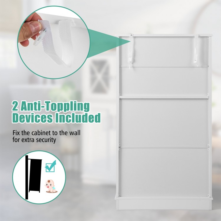 4-door white bathroom floor cabinet with adjustable shelves and 2 anti-toppling devices for added security.