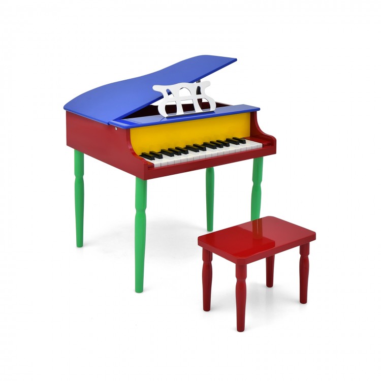 Multicolored 30-key wooden toy grand piano with bench, designed for children aged 3-8, promotes creativity and.