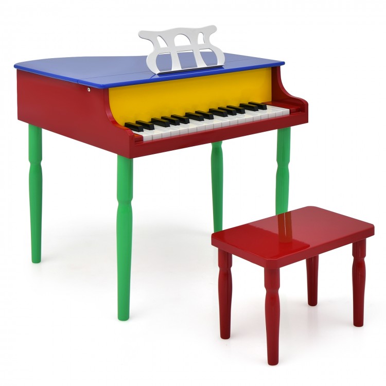 Multicolor 30-key wood toy grand piano with matching bench, designed for kids aged 3-8, promotes creativity and.