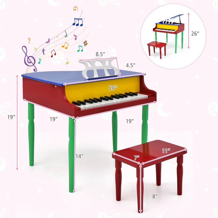 Multicolor 30-key wood toy grand piano with bench, music rack, and child-friendly design for kids aged 3-8.