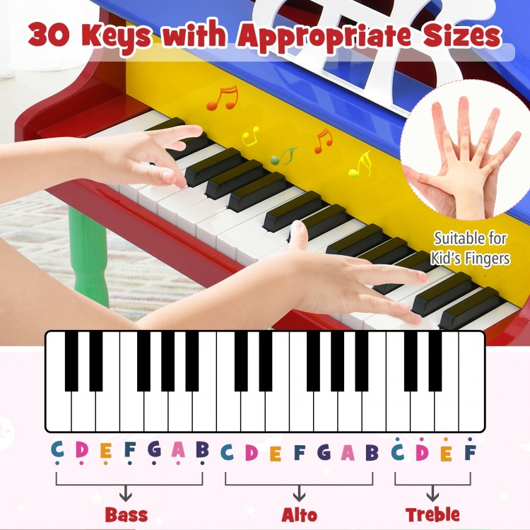 30-key multicolor kids grand piano with bench, designed for safe play and enhancing hand-eye coordination.
