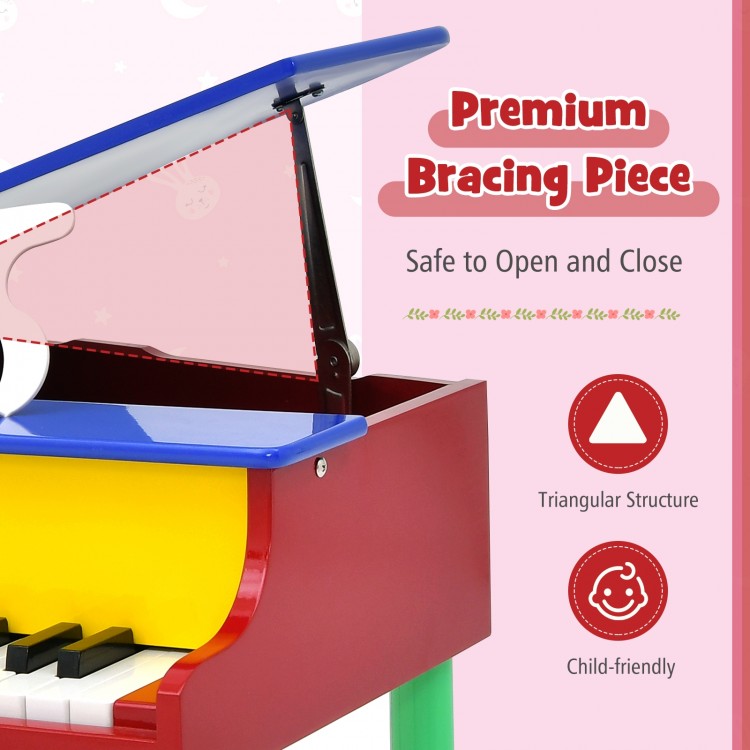 30-key multicolor kids grand piano with safety hinges and child-friendly design, perfect for stimulating imagination.