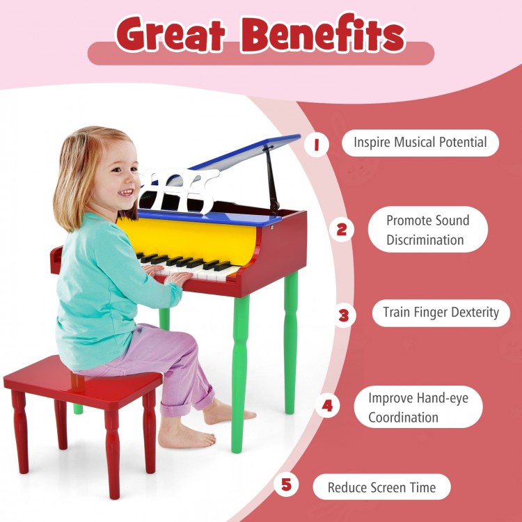 Colorful 30-key wood toy grand piano for kids, featuring a bench and music rack, promotes creativity and hand-eye.