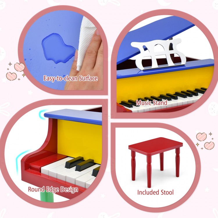 30-key multicolor wooden toy piano featuring a music stand, included stool, and easy-to-clean surface for kids aged 3-8.