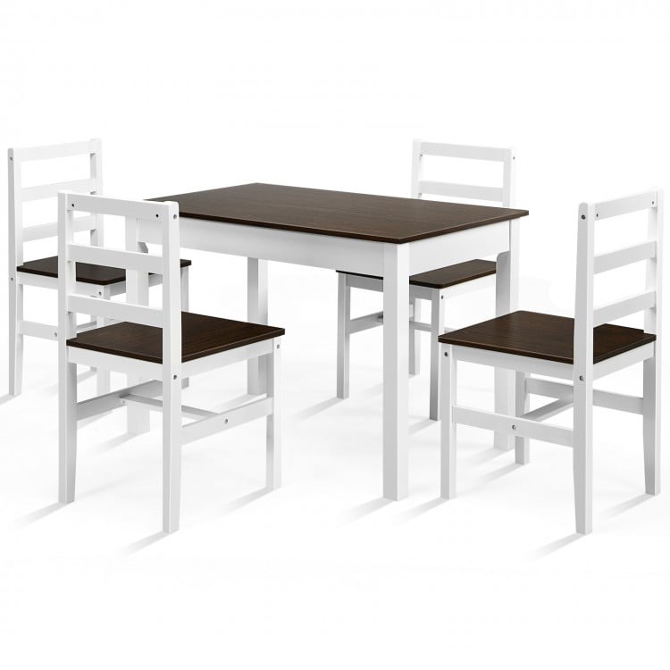 Compact 5-piece solid wood dining set in walnut with high-backed chairs and cushioned seats, perfect for kitchens.