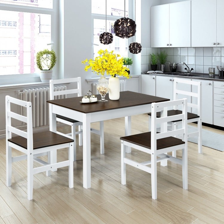 Compact 5-piece kitchen dining set in walnut with pine wood table and chairs, featuring cushioned seats for comfort.