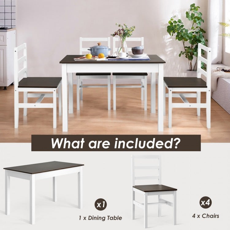 Compact kitchen dining set featuring a walnut table and four chairs with cushions, perfect for family dining.