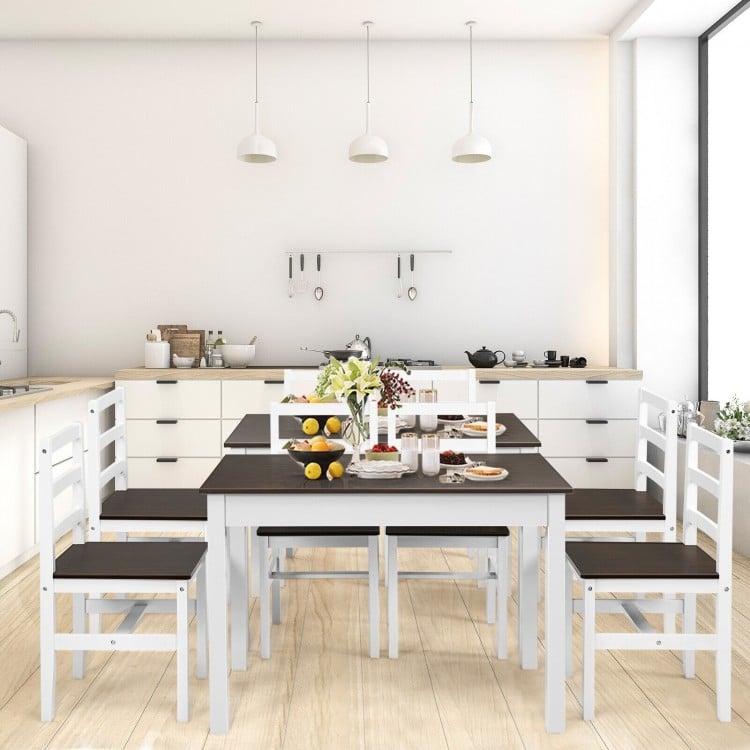 Compact 5-piece kitchen dining set in walnut with solid pine wood, featuring a smooth table and cushioned chairs for.