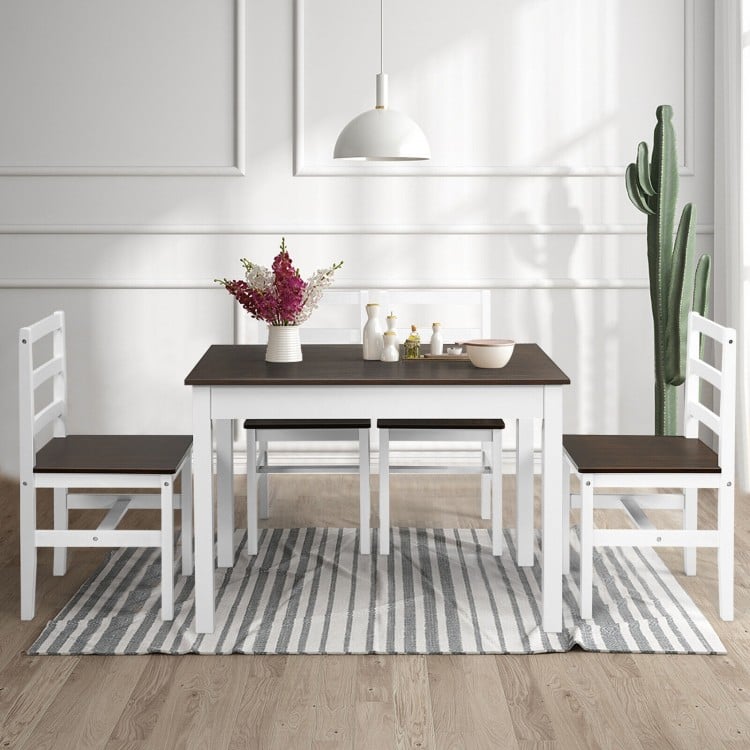 Compact 5-piece solid wood kitchen dining set in walnut with upholstered chairs, perfect for space-saving family dining.