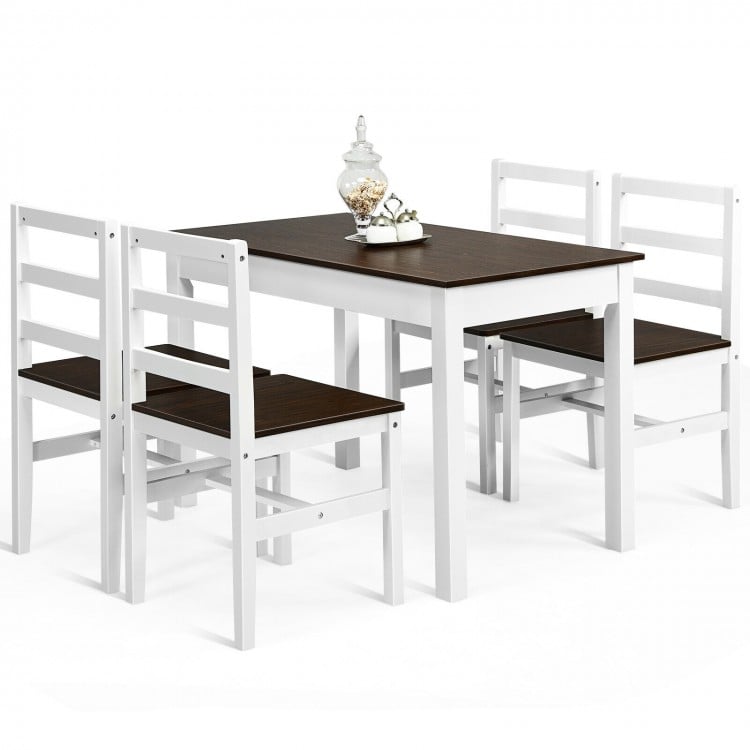 Compact 5-piece solid wood kitchen dining set in walnut with high back chairs and upholstered cushions for comfort.